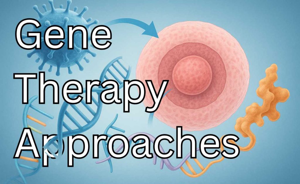 DNA、RNA、細胞治療のメカニズムを示すイラスト。遺伝子の導入やタンパク質の生成の様子を表現