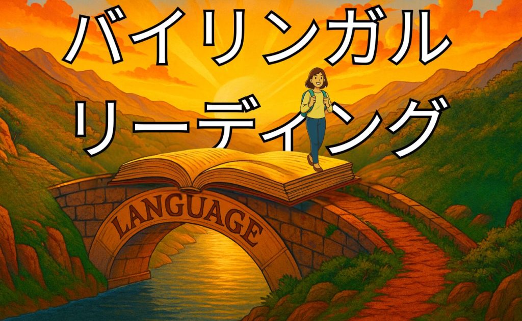 日本語から英語へ、本の橋を渡る学生のイラスト。バイリンガル・リーディングによる英語学習を象徴しています。