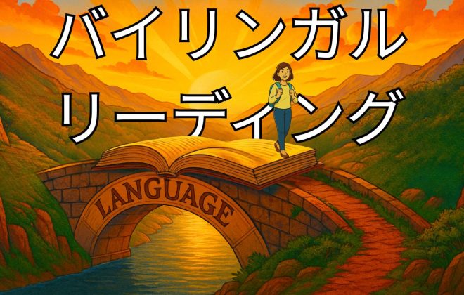 日本語から英語へ、本の橋を渡る学生のイラスト。バイリンガル・リーディングによる英語学習を象徴しています。