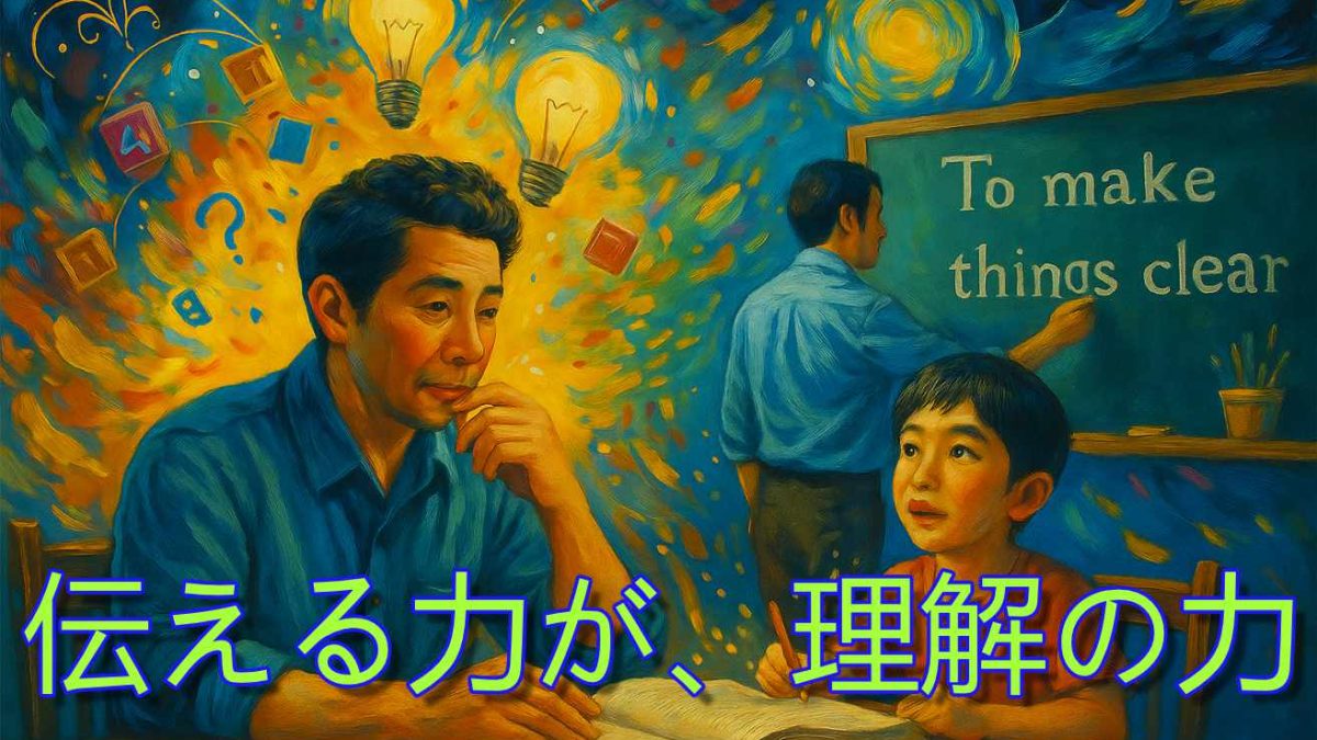 ゴッホ風の温かい教室で、日本人の父と子が一緒に学んでいる絵。「伝える力が、理解の力。」というメッセージを表し、英語を通して考える力を育てるナチュラルイングリッシュ大阪の学びの姿を描いています。