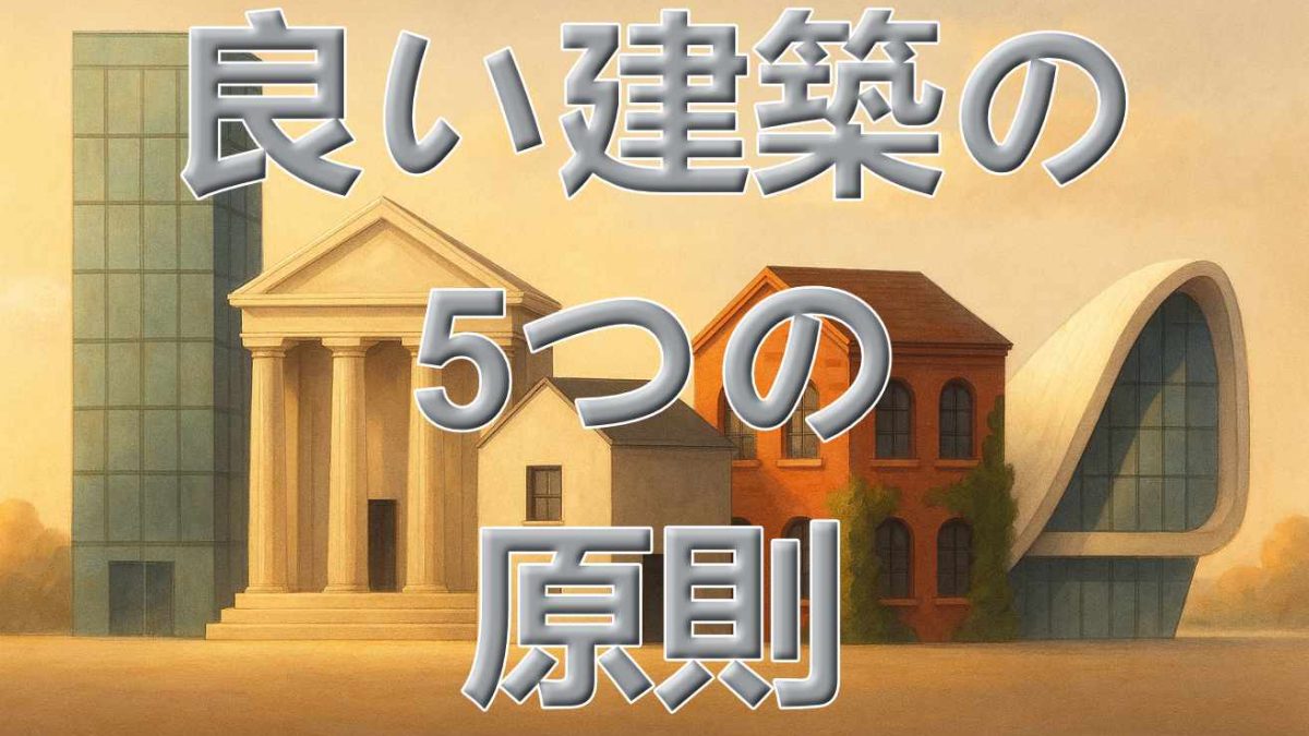建築の5つの原則を表す5つの建物のイラスト。ナチュラルイングリッシュ大阪のバイリンガル英語レッスン用。