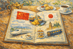 カフェのテーブルの上に置かれたスケッチブックに新幹線、寝台列車、ロンドン、世界の話題などが描かれた印象派風イラスト