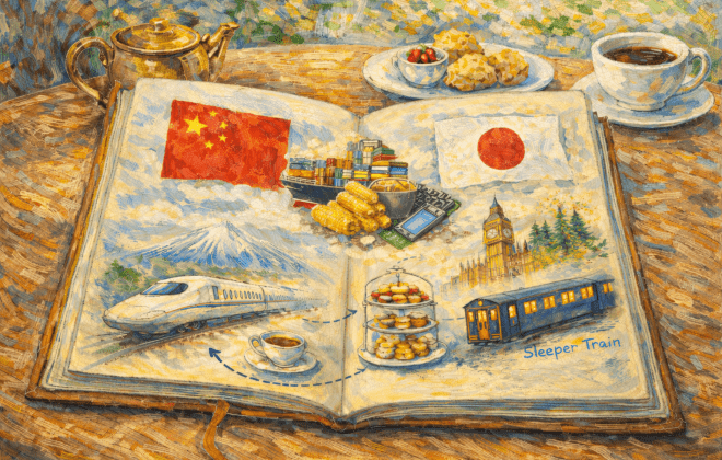 カフェのテーブルの上に置かれたスケッチブックに新幹線、寝台列車、ロンドン、世界の話題などが描かれた印象派風イラスト