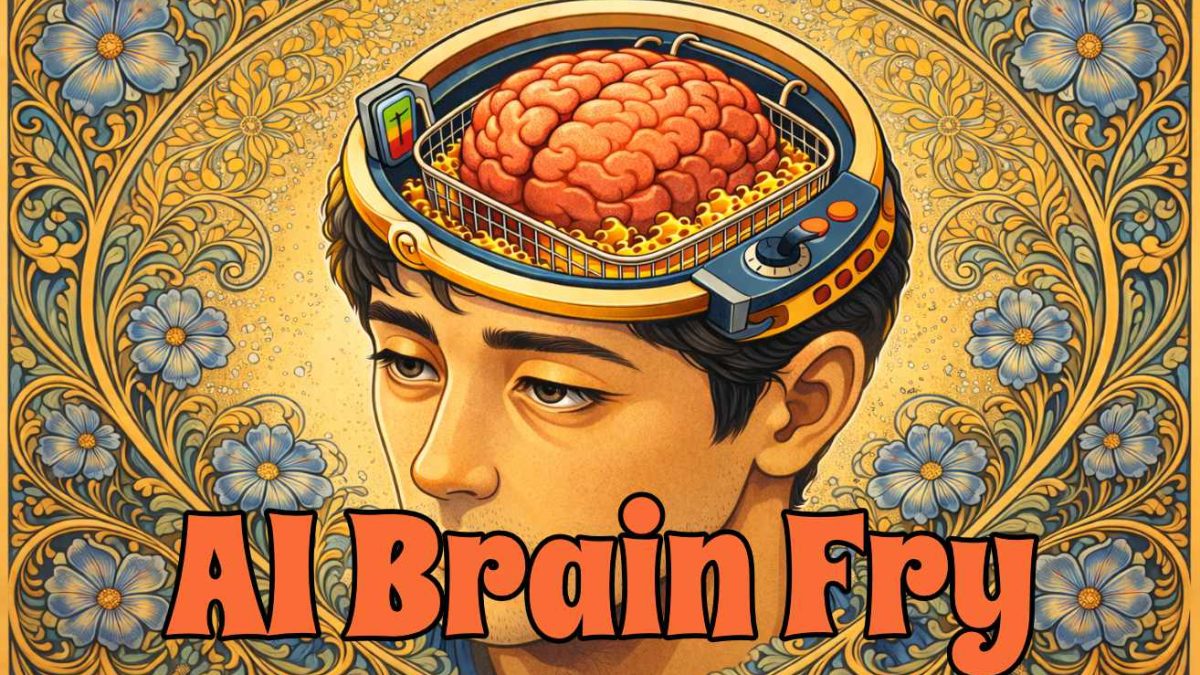 疲れた男性の頭が開き、脳が油で揚げられているイラストで、AIによる情報過多と脳の疲労を表している