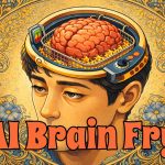 疲れた男性の頭が開き、脳が油で揚げられているイラストで、AIによる情報過多と脳の疲労を表している