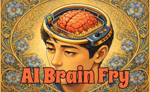 疲れた男性の頭が開き、脳が油で揚げられているイラストで、AIによる情報過多と脳の疲労を表している