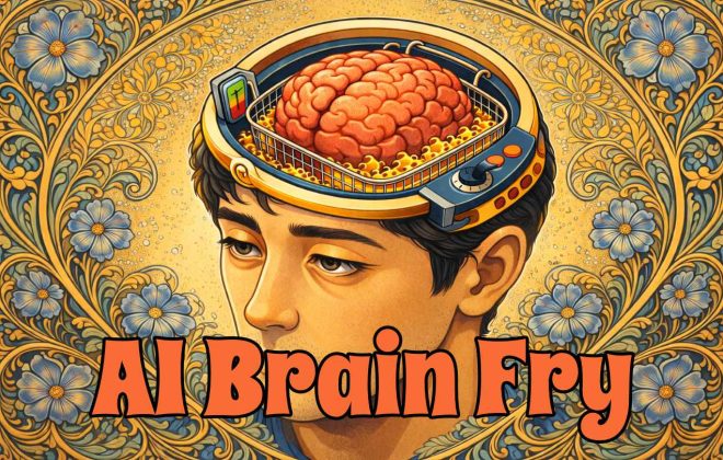 疲れた男性の頭が開き、脳が油で揚げられているイラストで、AIによる情報過多と脳の疲労を表している