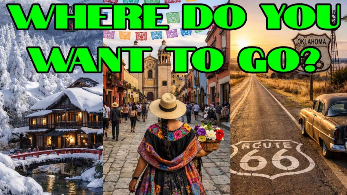 どこへ行きたい？ 山形の冬景色、メキシコ・オアハカの街並み、アメリカ・オクラホマのルート66を組み合わせた旅のコラージュ（大阪・新大阪のNatural Englishのトラベル英会話向け）