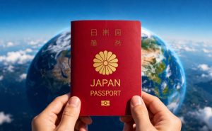 英語とともに世界へ広がる旅の可能性を表す、地球を背景に掲げられた日本のパスポート