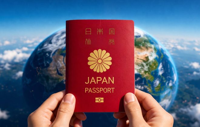 英語とともに世界へ広がる旅の可能性を表す、地球を背景に掲げられた日本のパスポート